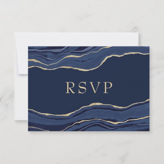 Navy Blue Marble Agate Gold Glitter Wedding RSVP (Voorkant)