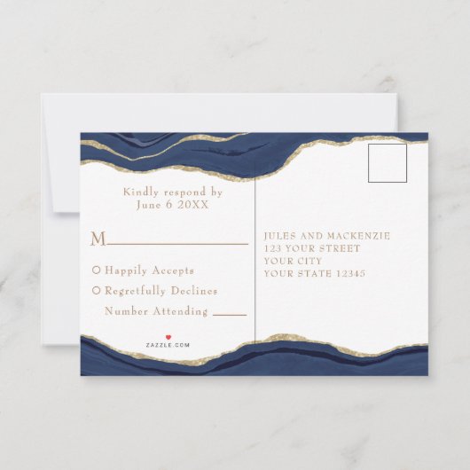 Navy Blue Marble Agate Gold Glitter Wedding RSVP (Achterkant)