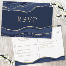 Navy Blue Marble Agate Gold Glitter Wedding RSVP