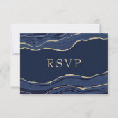 Navy Blue Marble Agate Gold Glitter Wedding RSVP Kaartje (Voorkant)