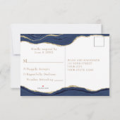 Navy Blue Marble Agate Gold Glitter Wedding RSVP Kaartje (Achterkant)