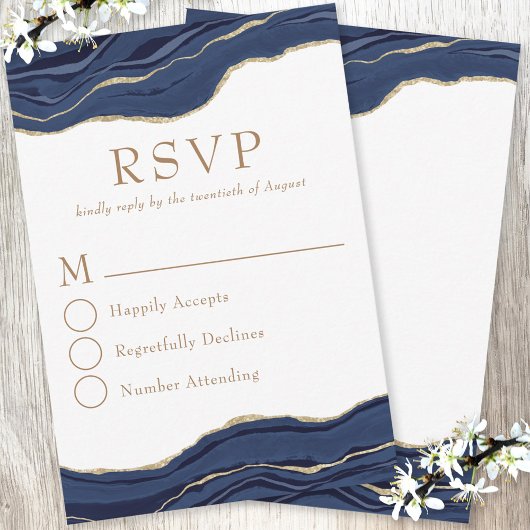 Navy Blue Marble Agate Gold Glitter Wedding RSVP Kaartje