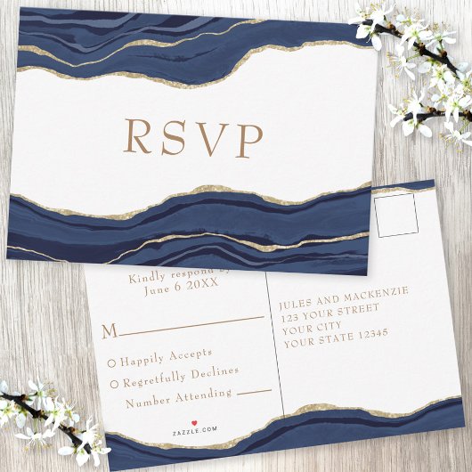 Navy Blue Marble Agate Gold Glitter Wedding RSVP Kaartje