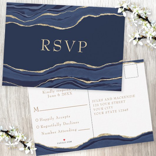 Navy Blue Marble Agate Gold Glitter Wedding RSVP Kaartje