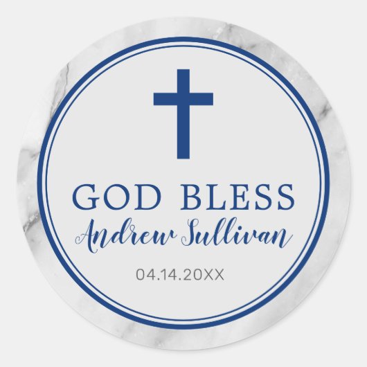 Navy Blue Marble Baptism Favor Ronde Sticker (Voorkant)