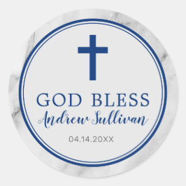 Navy Blue Marble Baptism Favor Ronde Sticker
