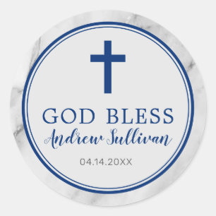 Navy Blue Marble Baptism Favor Ronde Sticker