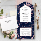 Navy Blue Marble Faux Roos Gold Foil Wedding All In One Uitnodiging