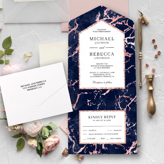 Navy Blue Marble Faux Roos Gold Foil Wedding All In One Uitnodiging