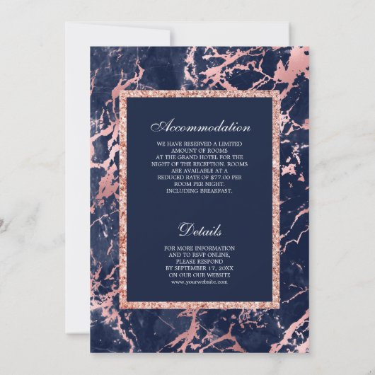 Navy Blue Marble Roos Gold All in One Wedding Kaart (Achterkant)