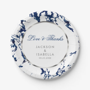 Navy Blue Marble, Silver en White Papieren Bordje