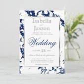 Navy Blue Marble, Silver & White Invitation Kaart (Staand voorkant)