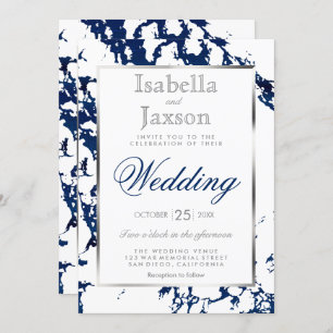 Navy Blue Marble, Silver & White Invitation Kaart