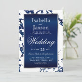 Navy Blue Marble, White & Silver Invitation Kaart (Staand voorkant)