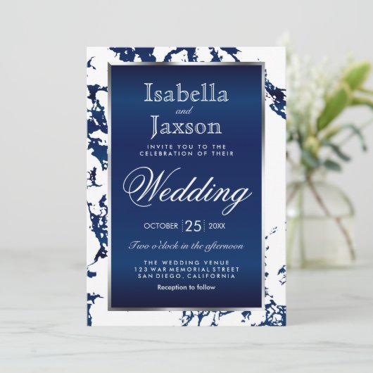 Navy Blue Marble, White & Silver Invitation Kaart (Staand voorkant)