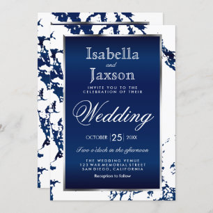 Navy Blue Marble, White & Silver Invitation Kaart
