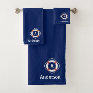 Navy Blue Maritiem Reddingsboei Monogram Bad Handdoek