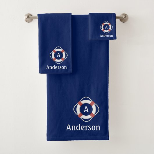 Navy Blue Maritiem Reddingsboei Monogram Bad Handdoek (Insitu)