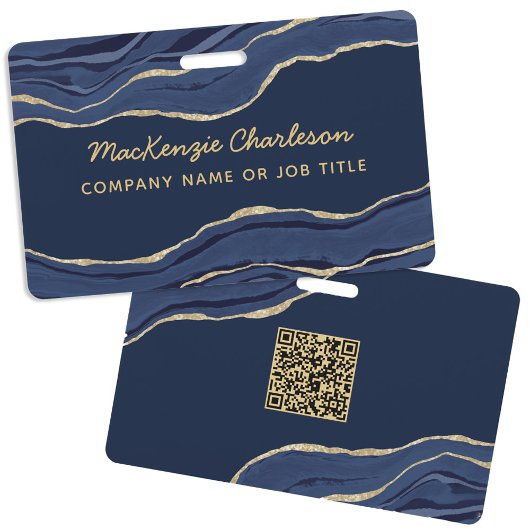 Navy Blue Marmer Agatische Geode Zakelijke QR Code Badge
