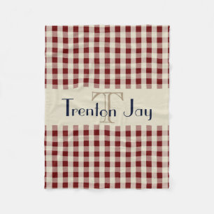 Navy Blue Maroon Check Pattern Monogram Name Boys Fleece Deken