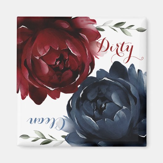 Navy Blue Maroon Red Roses Dishwasher Clean Dirty Magneet (Voorkant)