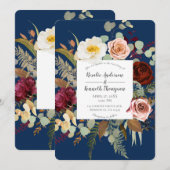 Navy Blue Marsala Pink Rustic Floral Bloom Wedding Kaart (Voorkant / Achterkant)