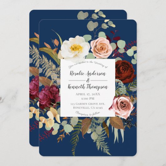 Navy Blue Marsala Pink Rustic Floral Bloom Wedding Kaart (Voorkant / Achterkant)