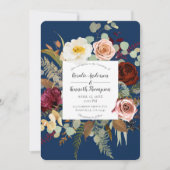 Navy Blue Marsala Pink Rustic Floral Bloom Wedding Kaart (Voorkant)