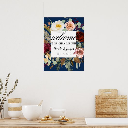 Navy Blue Marsala Pink Rustic Floral Bloom Wedding Poster (Keuken)