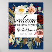 Navy Blue Marsala Pink Rustic Floral Bloom Wedding Poster (Voorkant)