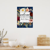Navy Blue Marsala Roze Rustieke Bloemige Bloesem B Poster (Keuken)