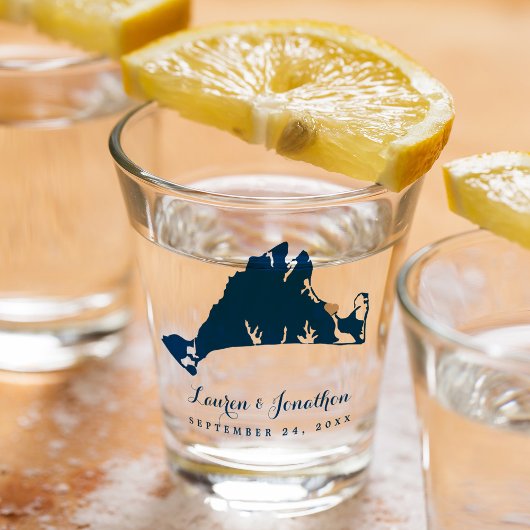 Navy Blue Martha's Vineyard Kaart Gold Heart Weddi Shot Glas