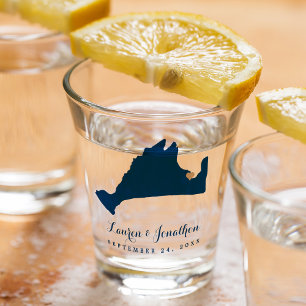 Navy Blue Martha's Vineyard Kaart Gold Heart Weddi Shot Glas