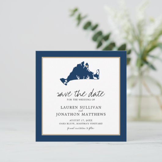 Navy Blue Martha's Vineyard Map Save the Date (Staand voorkant)