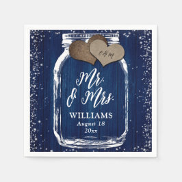 Navy Blue Mason Jar Rustic Wood Mr & Mrs Wedding Servet