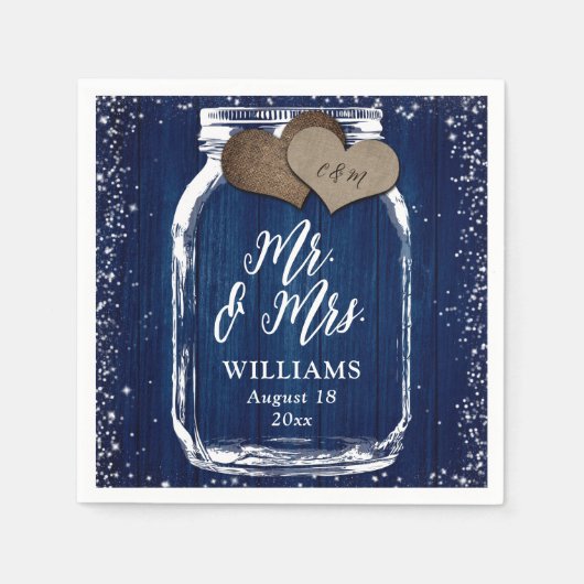 Navy Blue Mason Jar Rustic Wood Mr & Mrs Wedding Servet (Voorkant)