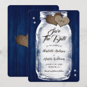 Navy Blue Mason Jar String Lights Hout Wedding Save The Date (Voorkant / Achterkant)