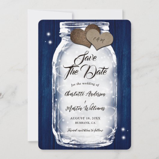 Navy Blue Mason Jar String Lights Hout Wedding Save The Date (Voorkant)