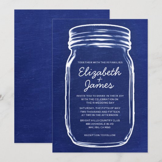 Navy Blue  Mason Jar Wedding Invitations Kaart (Voorkant / Achterkant)