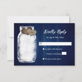 Navy Blue Mason Jar Wood Lights Wedding RSVP Kaart