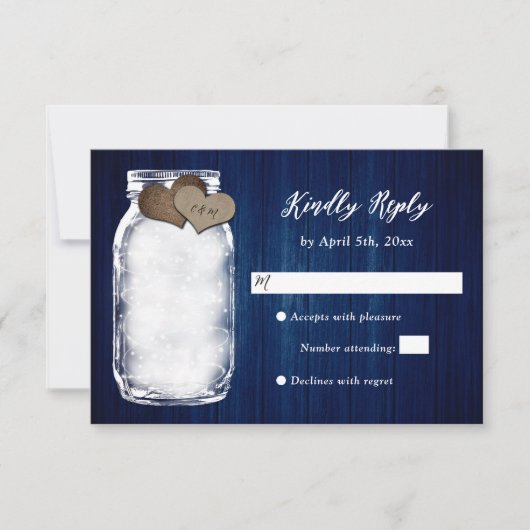 Navy Blue Mason Jar Wood Lights Wedding RSVP Kaart (Voorkant)
