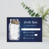 Navy Blue Mason Jar Wood Lights Wedding RSVP Kaart (Staand voorkant)
