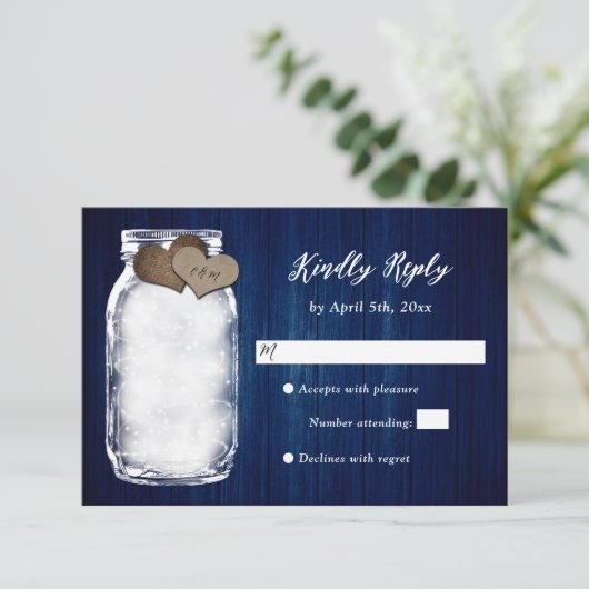 Navy Blue Mason Jar Wood Lights Wedding RSVP Kaart (Staand voorkant)
