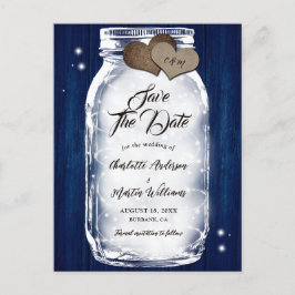 Navy Blue Mason Jar Wood String Lights Wedding Aankondigingskaart