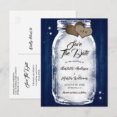 Navy Blue Mason Jar Wood String Lights Wedding Aankondigingskaart (Voorkant / Achterkant)
