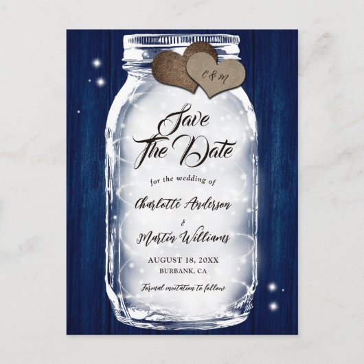 Navy Blue Mason Jar Wood String Lights Wedding Aankondigingskaart (Voorkant)