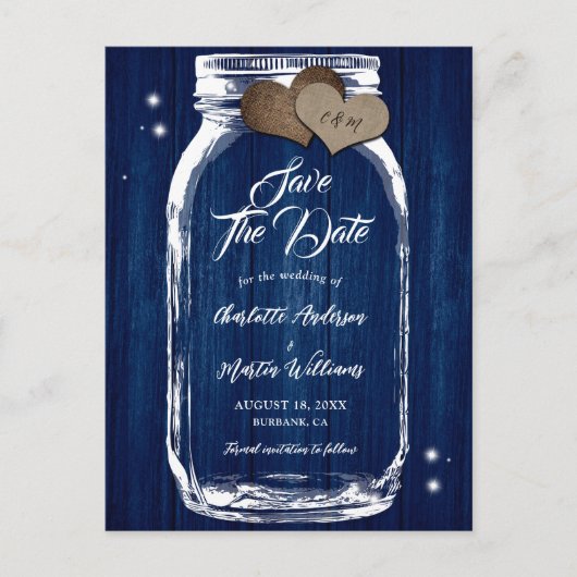 Navy Blue Mason Jar Wood Wedding Save The Date Aankondigingskaart (Voorkant)