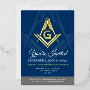 Navy Blue Masonic Freemason Real Gold Folie Uitnodiging