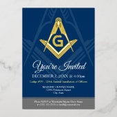 Navy Blue Masonic Freemason Real Gold Folie Uitnodiging (Voorkant)