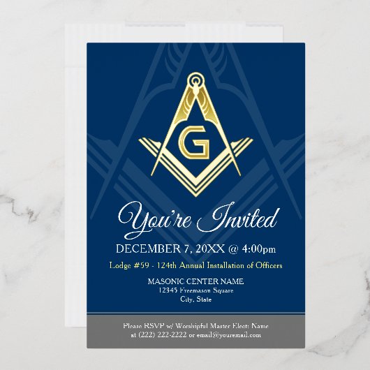 Navy Blue Masonic Freemason Real Gold Folie Uitnodiging (Envelop)